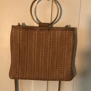 Thacker New York magnetic closure Elegant Tan Woven Handbag with Gold Accents